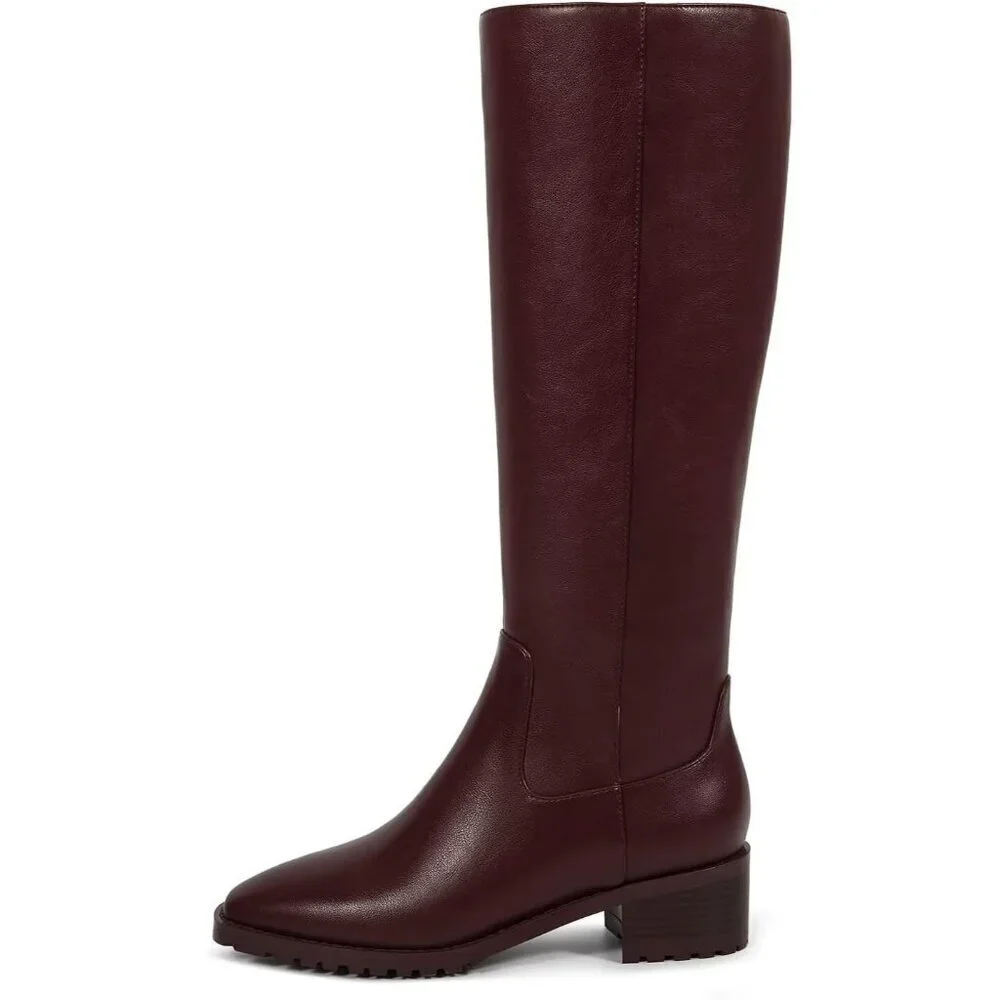 Women Brown Chunky Low Heel Square Toe Elastic Tall Boots Side Zipper PU Lea